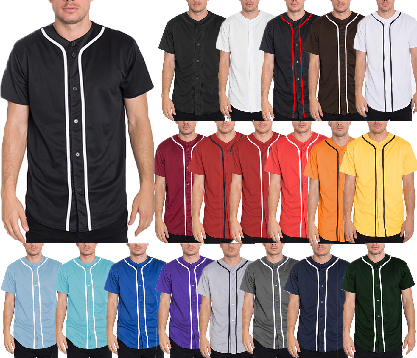 Men's Baseball Button Down Jersey featuring colored piping and customizable options, made from 100% polyester for comfort and style.