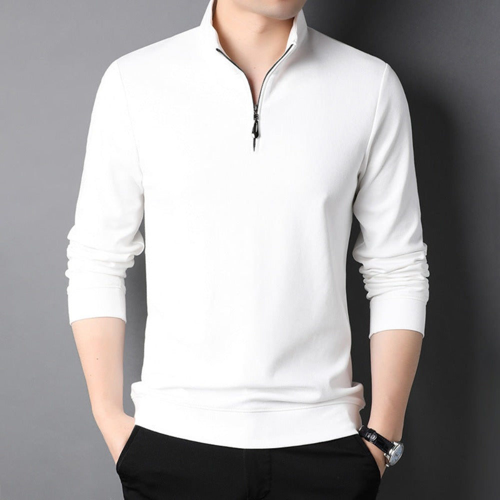 Men's Casual Stand Collar Long Sleeve Top in various colors including Black, White, Gray, Blue, Pink, and Beige, showcasing its stylish design and zipper detail.