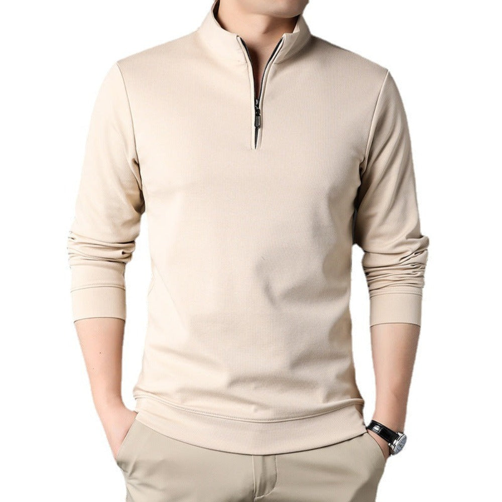 Men's Casual Stand Collar Long Sleeve Top in various colors including Black, White, Gray, Blue, Pink, and Beige, showcasing its stylish design and zipper detail.