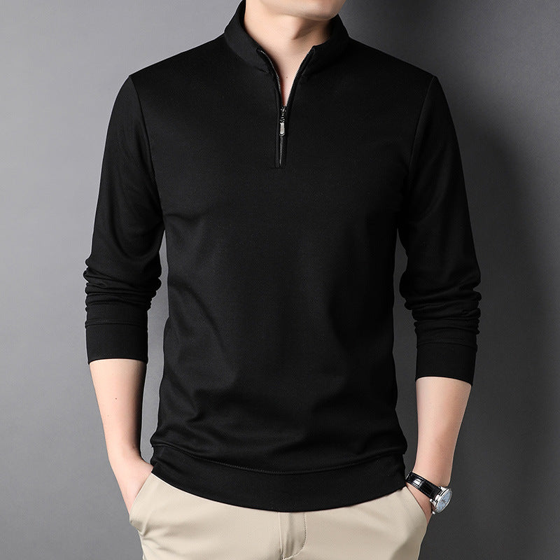 Men's Casual Stand Collar Long Sleeve Top in various colors including Black, White, Gray, Blue, Pink, and Beige, showcasing its stylish design and zipper detail.