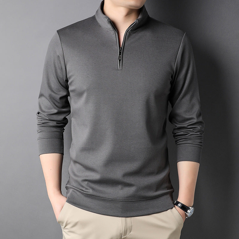 Men's Casual Stand Collar Long Sleeve Top in various colors including Black, White, Gray, Blue, Pink, and Beige, showcasing its stylish design and zipper detail.