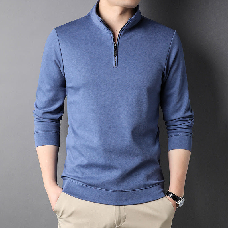 Men's Casual Stand Collar Long Sleeve Top in various colors including Black, White, Gray, Blue, Pink, and Beige, showcasing its stylish design and zipper detail.