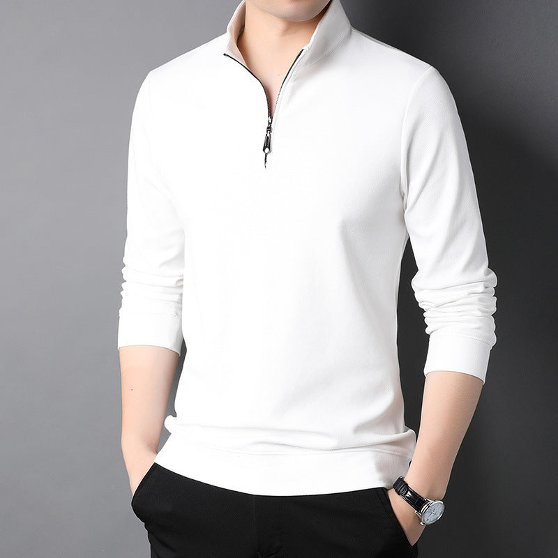 Men's Casual Stand Collar Long Sleeve Top in various colors including Black, White, Gray, Blue, Pink, and Beige, showcasing its stylish design and zipper detail.