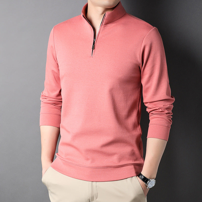 Men's Casual Stand Collar Long Sleeve Top in various colors including Black, White, Gray, Blue, Pink, and Beige, showcasing its stylish design and zipper detail.