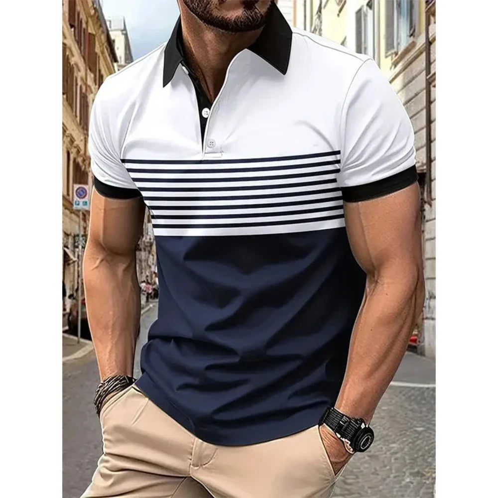 Men's Casual Stripe Short Sleeve Polo Shirt in various colors with a classic striped pattern.