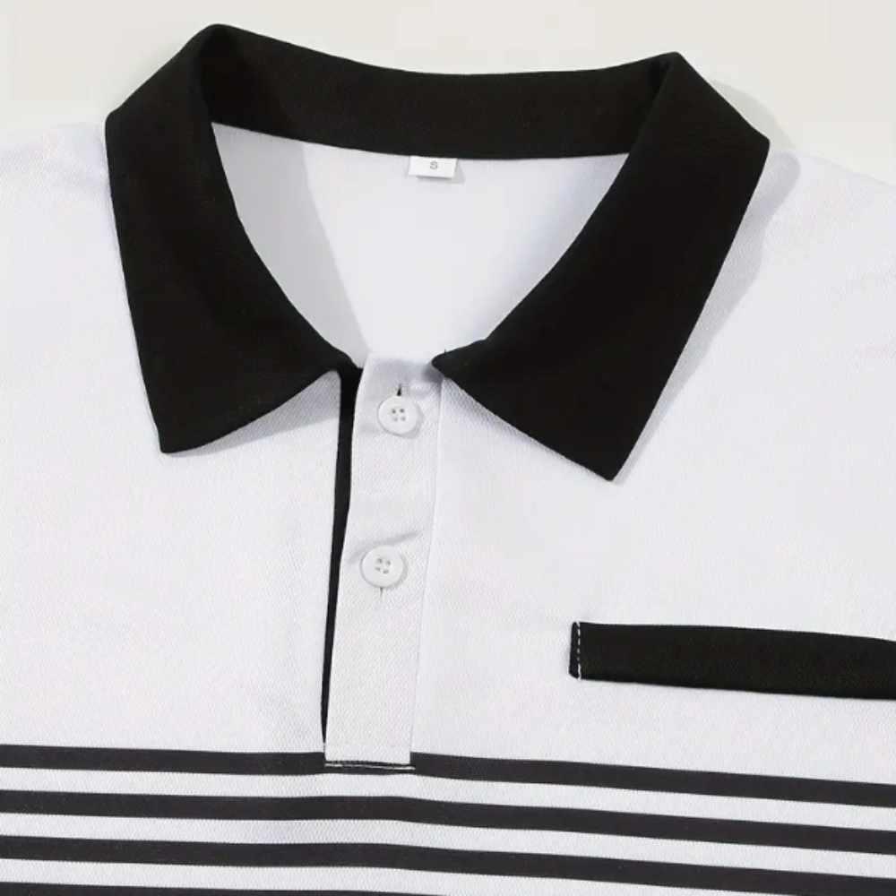 Men's Casual Stripe Short Sleeve Polo Shirt in various colors with a classic striped pattern.