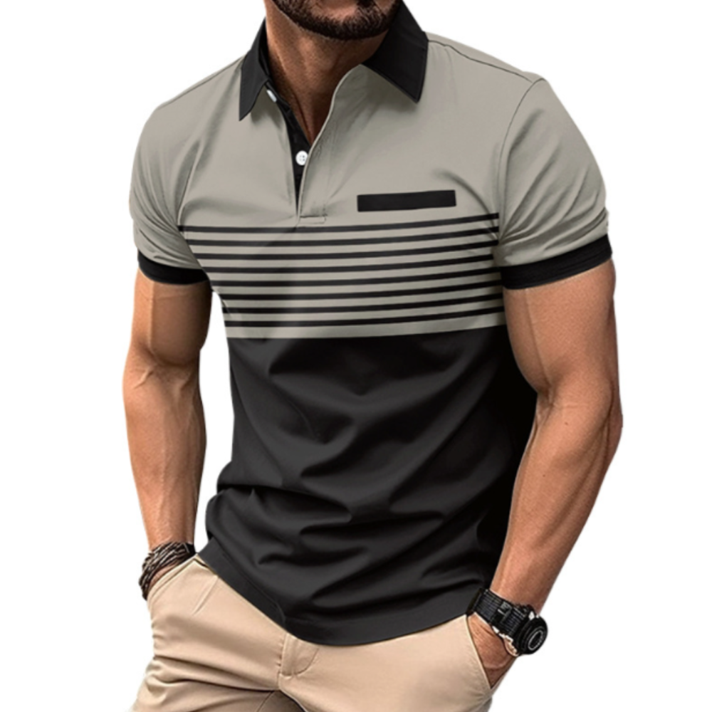 Men's Casual Stripe Short Sleeve Polo Shirt in various colors with a classic striped pattern.