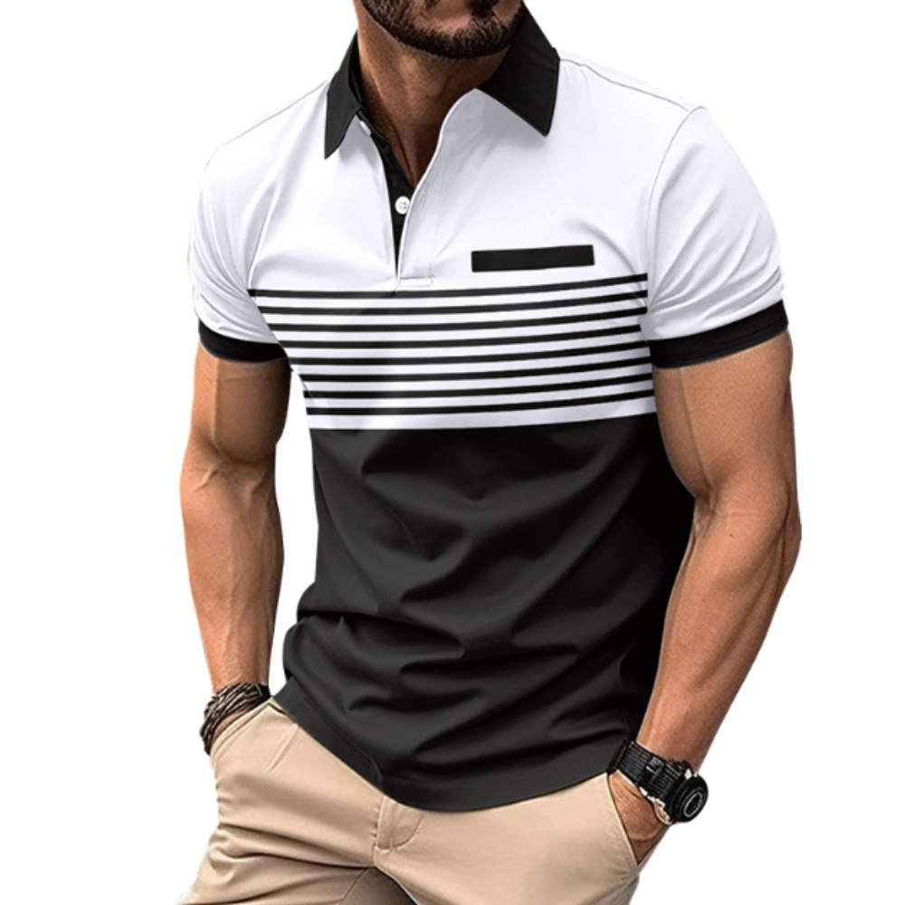 Men's Casual Stripe Short Sleeve Polo Shirt in various colors with a classic striped pattern.