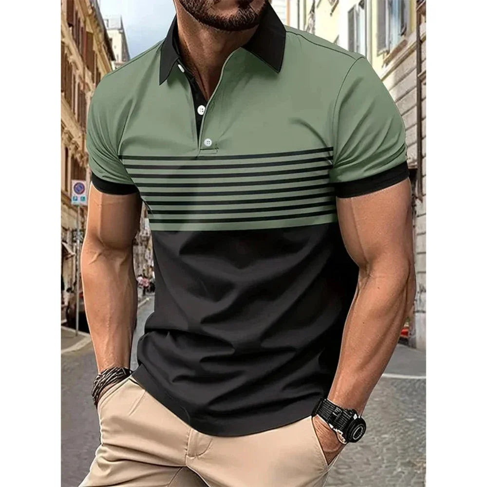 Men's Casual Stripe Short Sleeve Polo Shirt in various colors with a classic striped pattern.