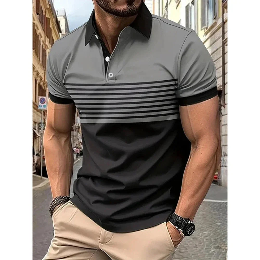 Men's Casual Stripe Short Sleeve Polo Shirt in various colors with a classic striped pattern.