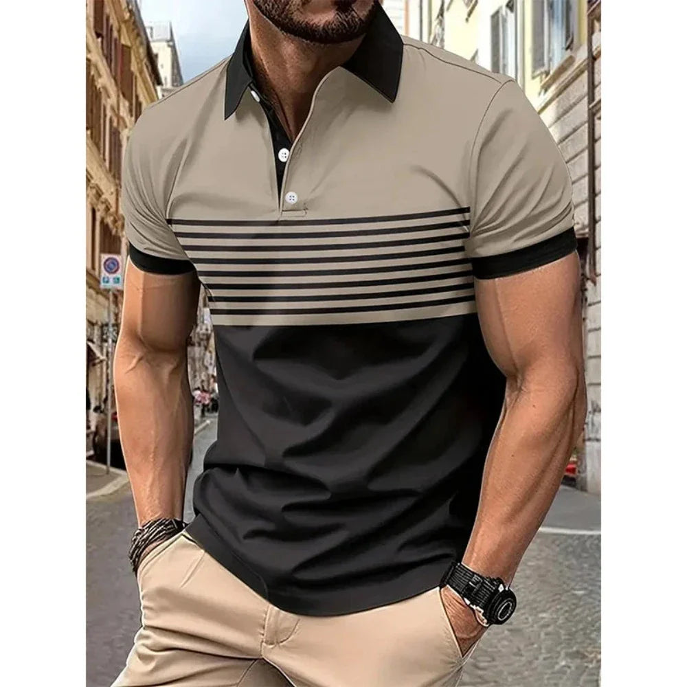 Men's Casual Stripe Short Sleeve Polo Shirt in various colors with a classic striped pattern.