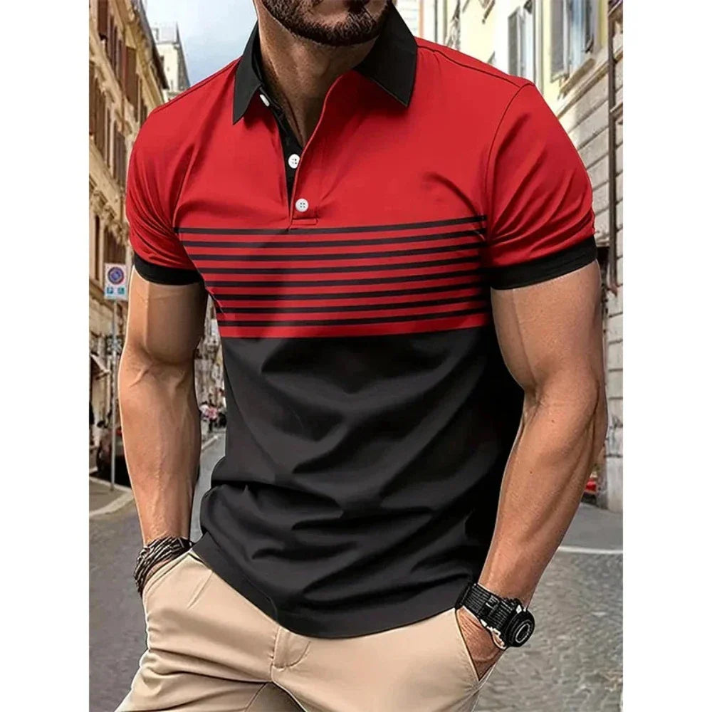 Men's Casual Stripe Short Sleeve Polo Shirt in various colors with a classic striped pattern.