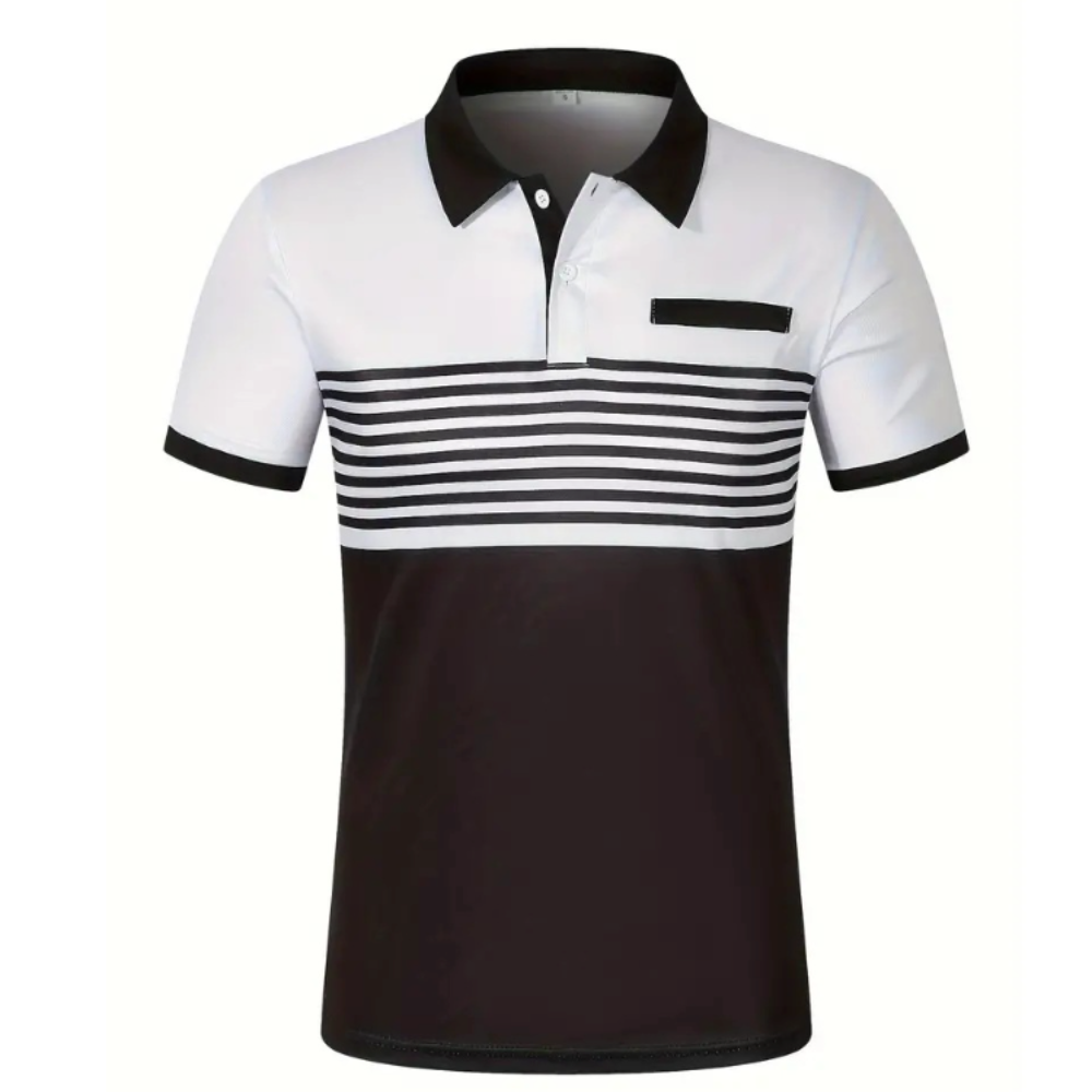 Men's Casual Stripe Short Sleeve Polo Shirt in various colors with a classic striped pattern.