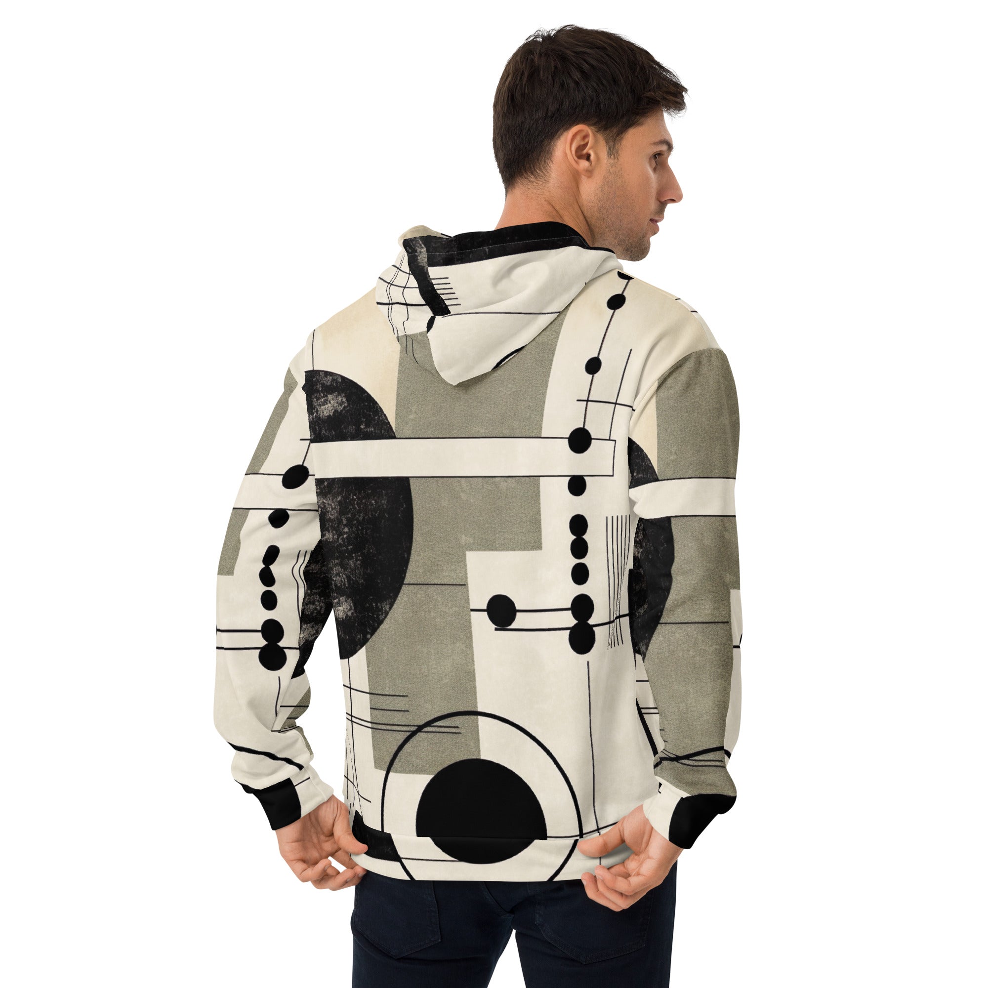 Men's Graphic Hoodie in abstract black, beige, and brown geometric shapes, showcasing a stylish design with a comfortable fit.