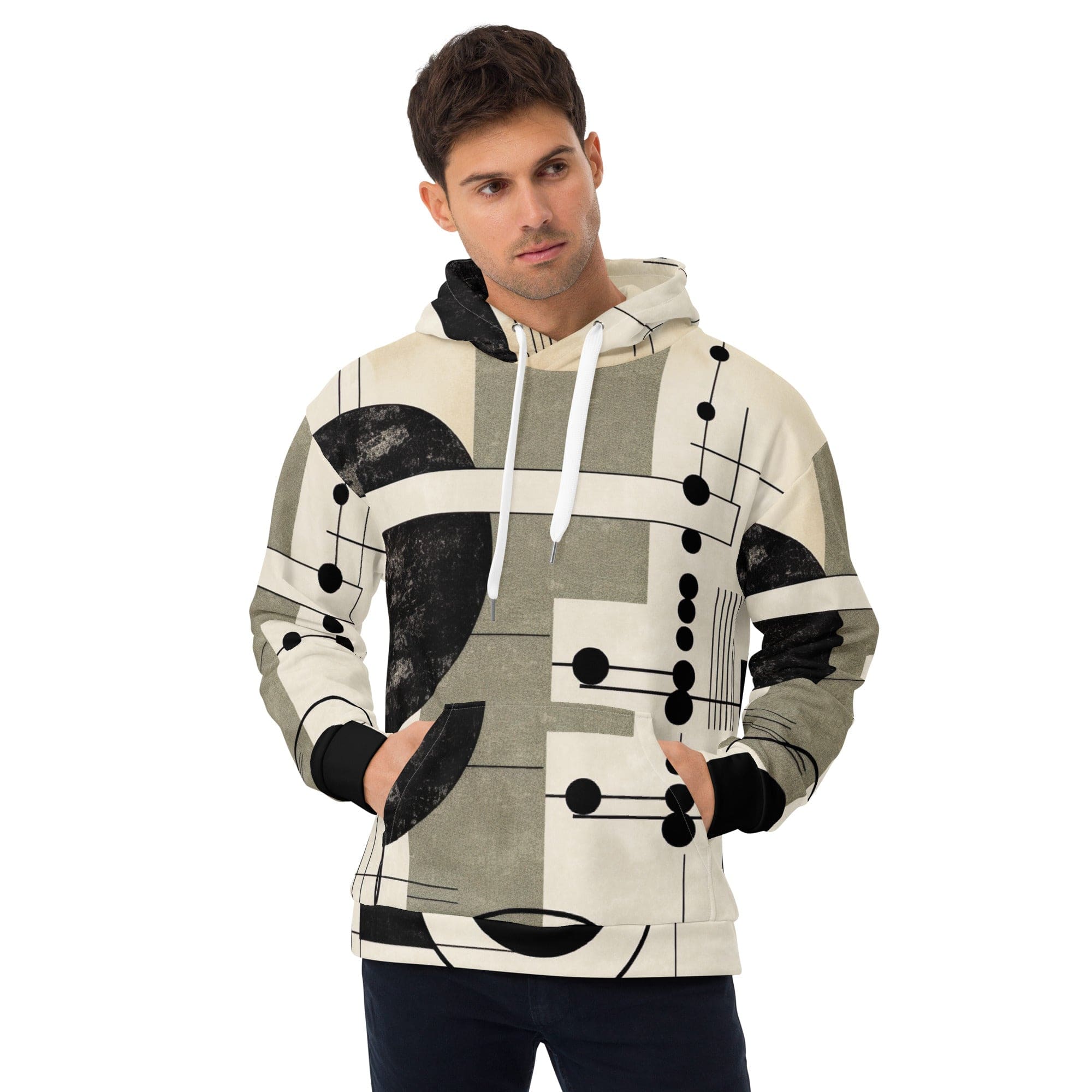 Men's Graphic Hoodie in abstract black, beige, and brown geometric shapes, showcasing a stylish design with a comfortable fit.