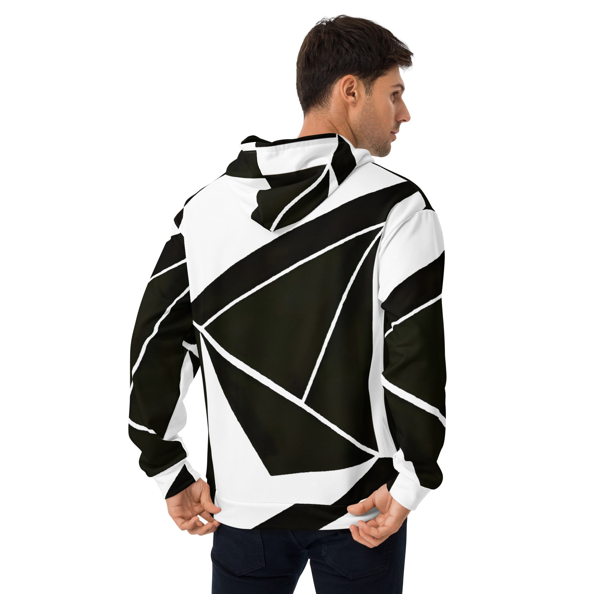 Men's Graphic Hoodie featuring a black and white geometric pattern, showcasing a modern design with a comfortable fit and stylish details.