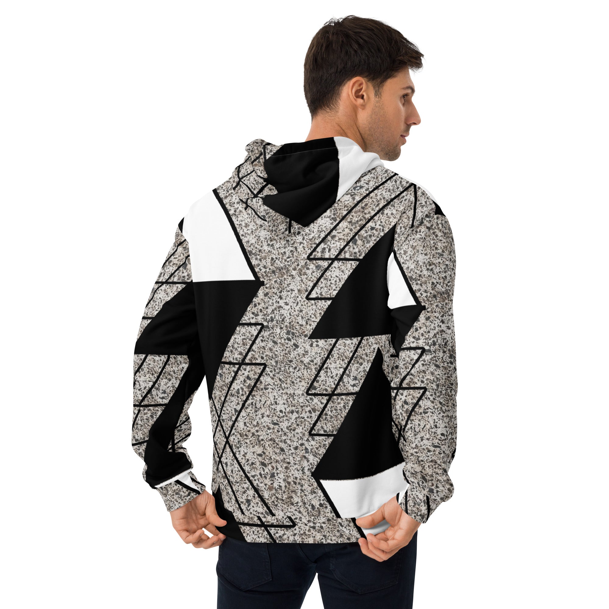 Men's Graphic Hoodie featuring a black and white triangular colorblock design, showcasing a modern and stylish look.