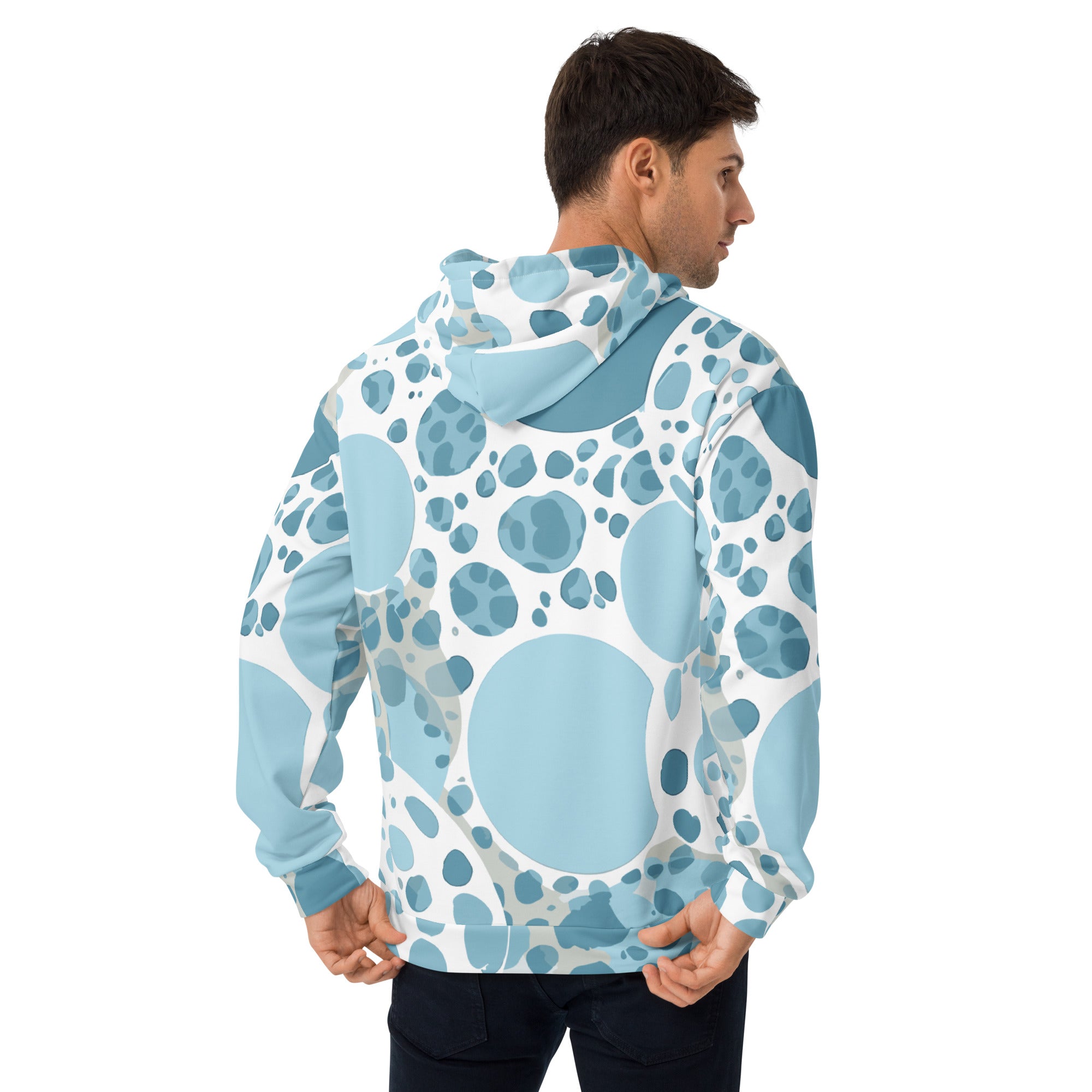 Men's Graphic Hoodie featuring a blue and white circular spotted illustration, showcasing a stylish design and comfortable fit.