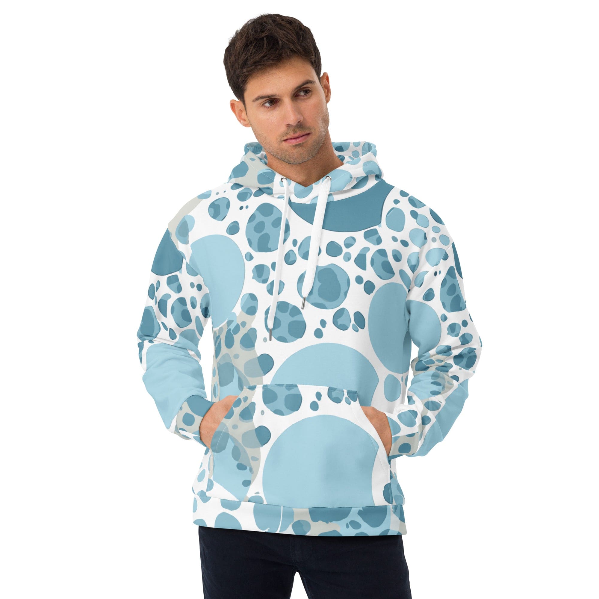 Men's Graphic Hoodie featuring a blue and white circular spotted illustration, showcasing a stylish design and comfortable fit.