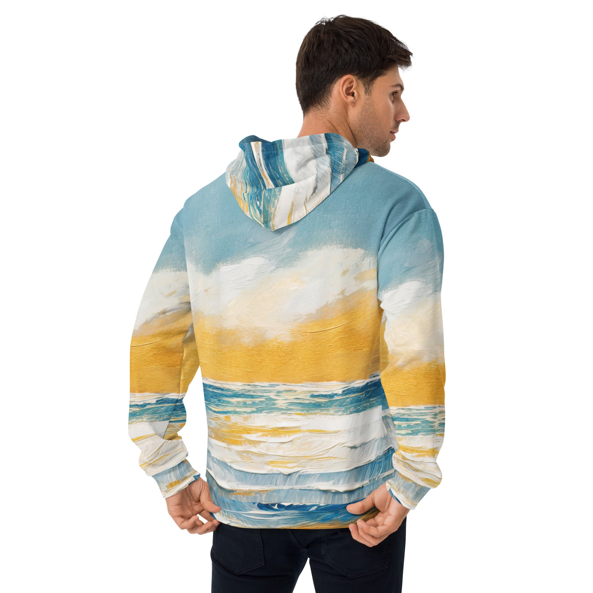 Mens Graphic Hoodie in Blue Ocean Golden Sunset Print, showcasing vibrant colors and dynamic design, perfect for casual wear.