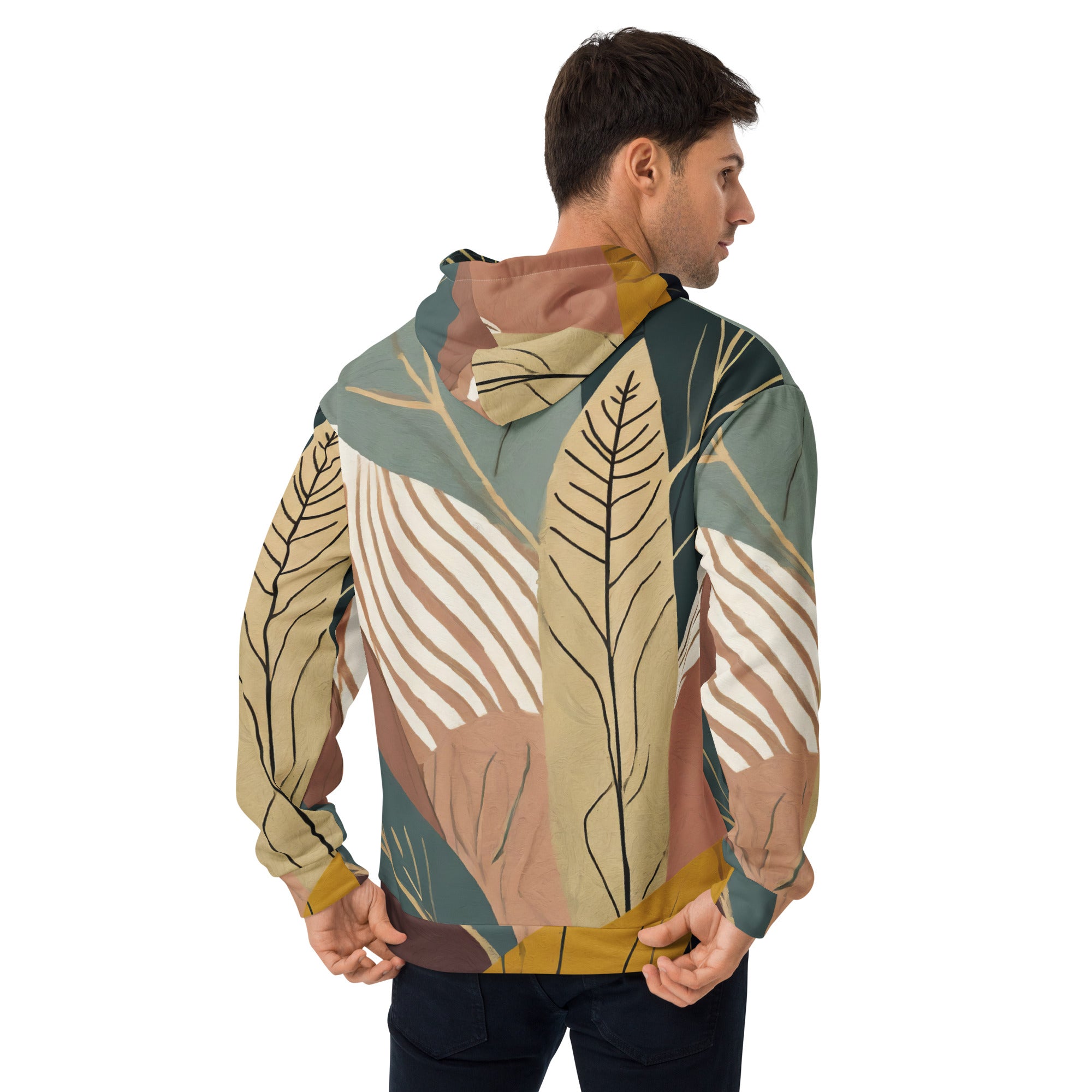 Men's Graphic Hoodie featuring a vibrant Boho style print, showcasing a comfortable fit with a double-lined hood and front pouch pocket.