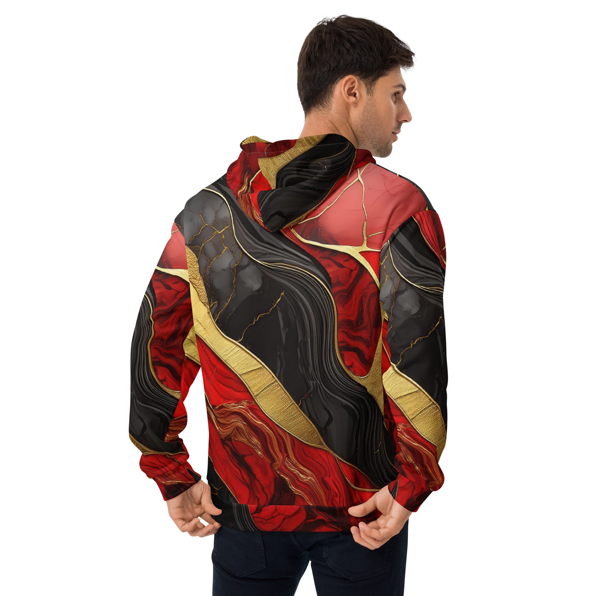 Men's Graphic Hoodie featuring a bold red and gold marble pattern, showcasing a stylish design with a comfortable hood and front pouch pocket.