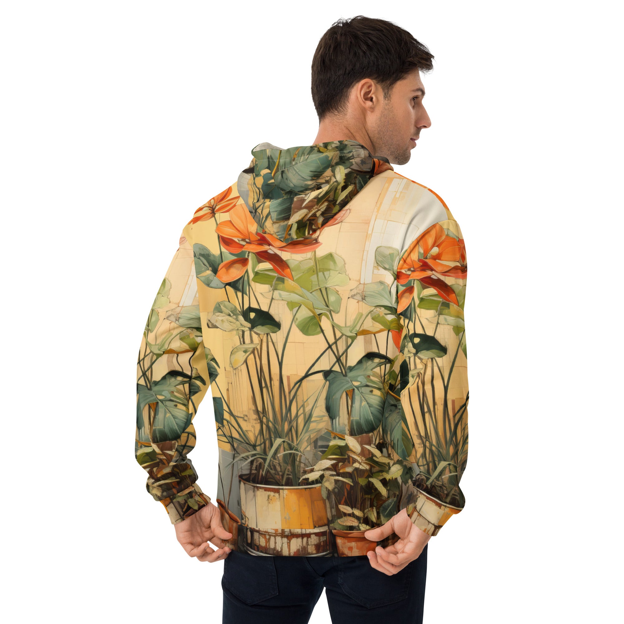 Men's Graphic Hoodie featuring an earthy rustic potted plants print, showcasing vibrant colors and a stylish design.