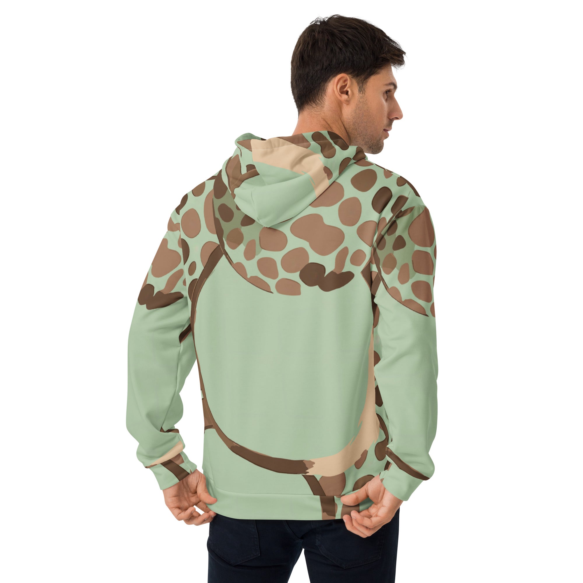 Men's Graphic Hoodie in mint green and brown spotted print, showcasing a stylish design with a comfortable hood and front pouch pocket.