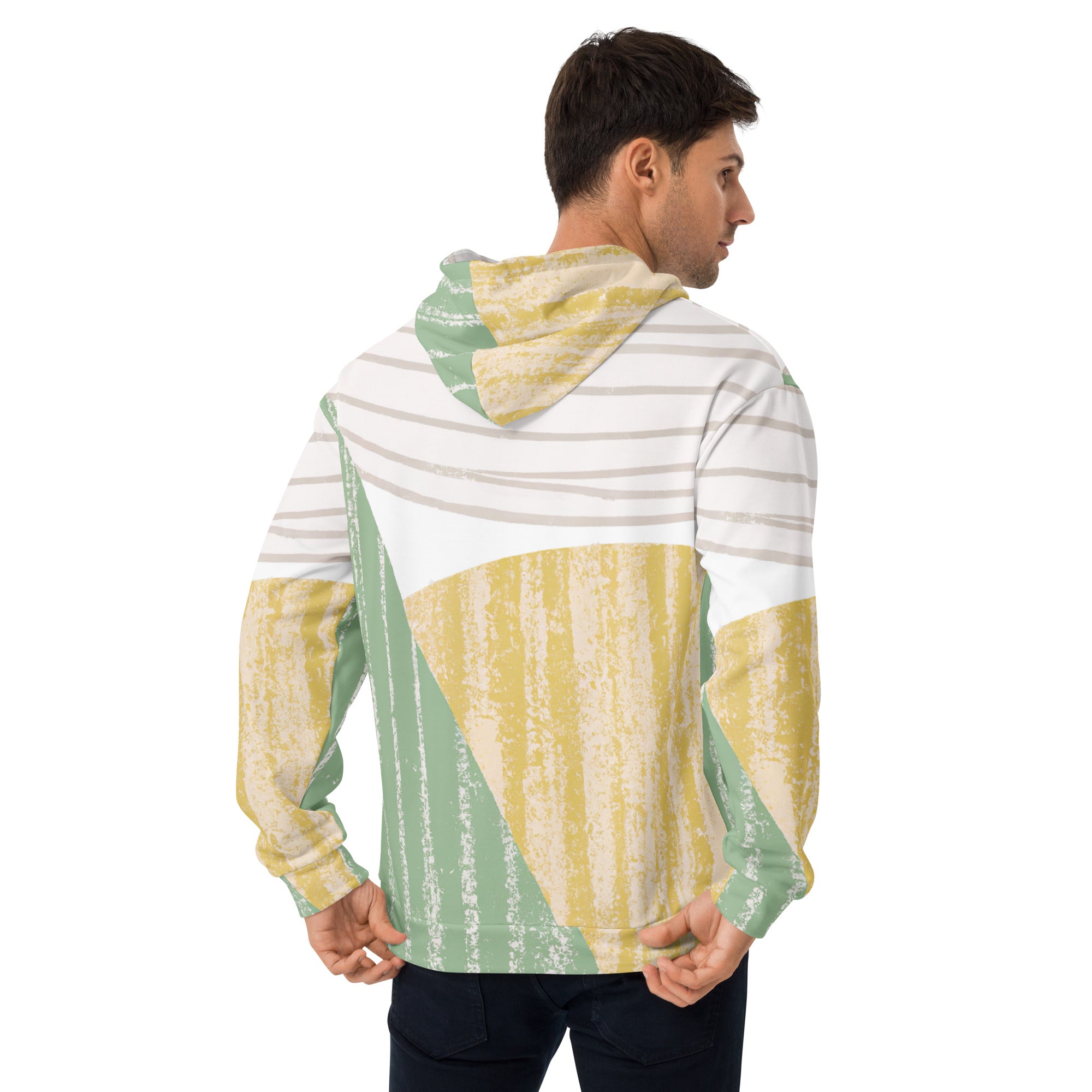 Men's Graphic Hoodie featuring a green textured boho pattern, showcasing a stylish design with a comfortable hood and front pouch pocket.