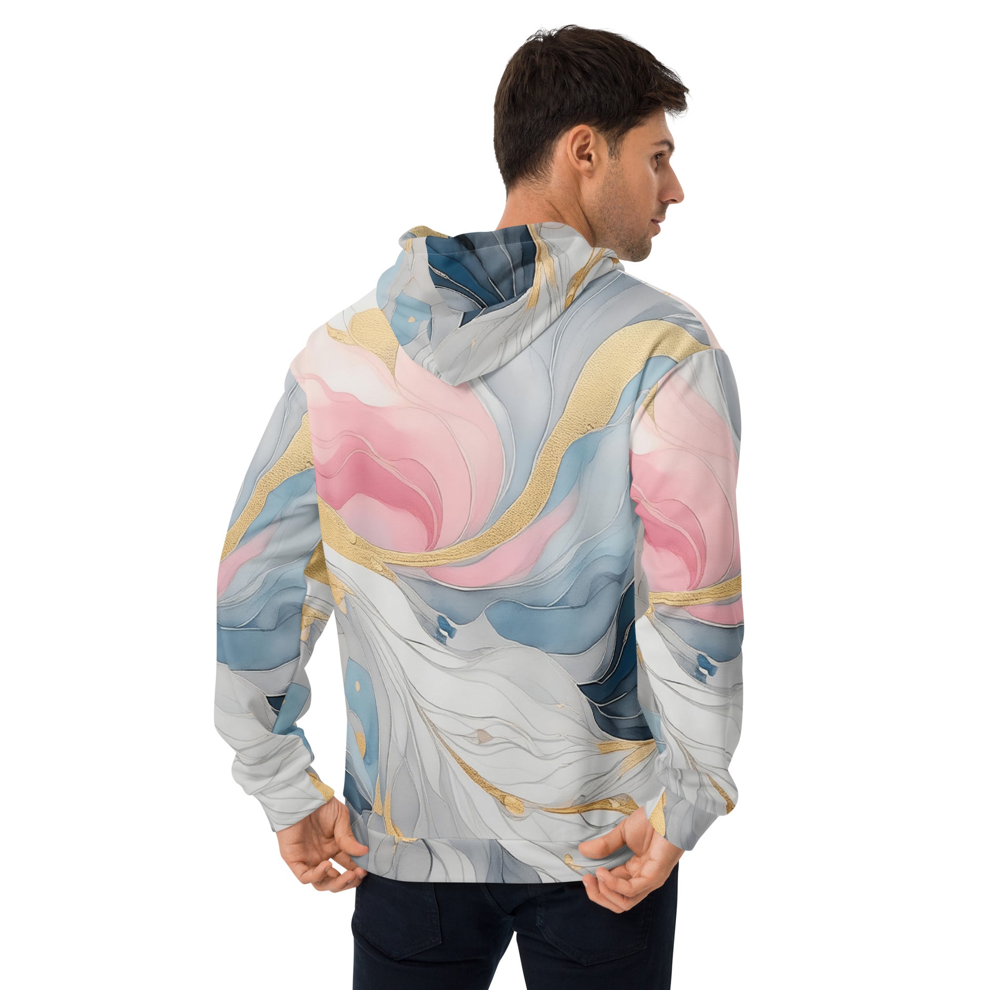 Mens Graphic Hoodie featuring a Marble Cloud design in Grey, Pink, and Blue, showcasing a stylish and comfortable fit.