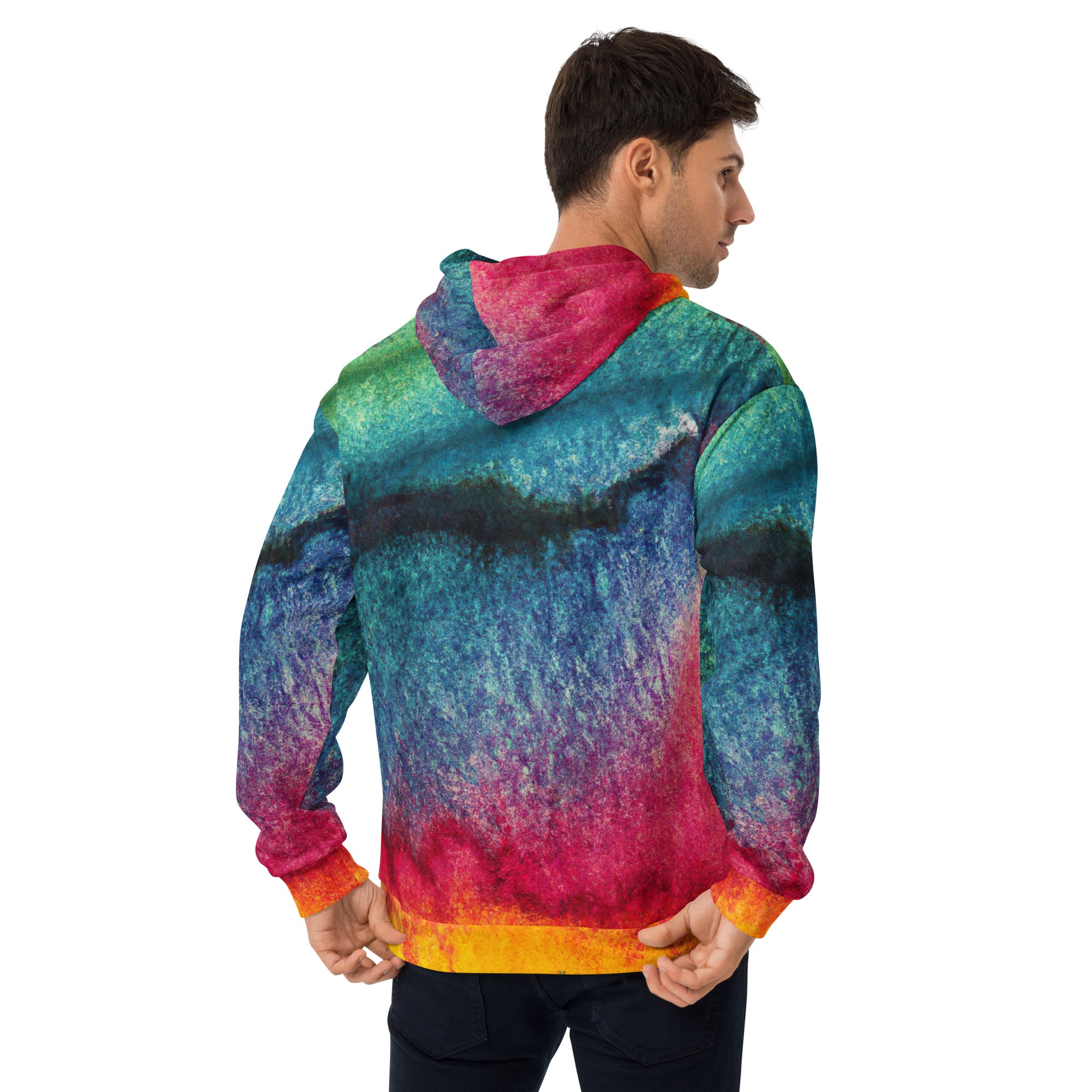 Mens Graphic Hoodie featuring a vibrant multicolor abstract pattern, showcasing a stylish design with a comfortable fit.