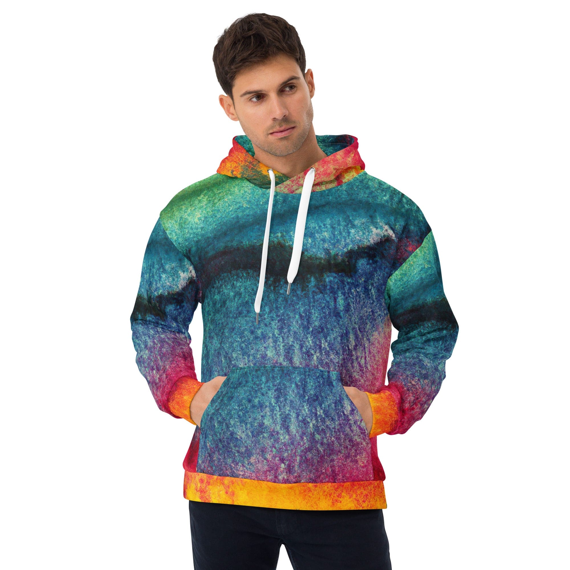 Mens Graphic Hoodie featuring a vibrant multicolor abstract pattern, showcasing a stylish design with a comfortable fit.