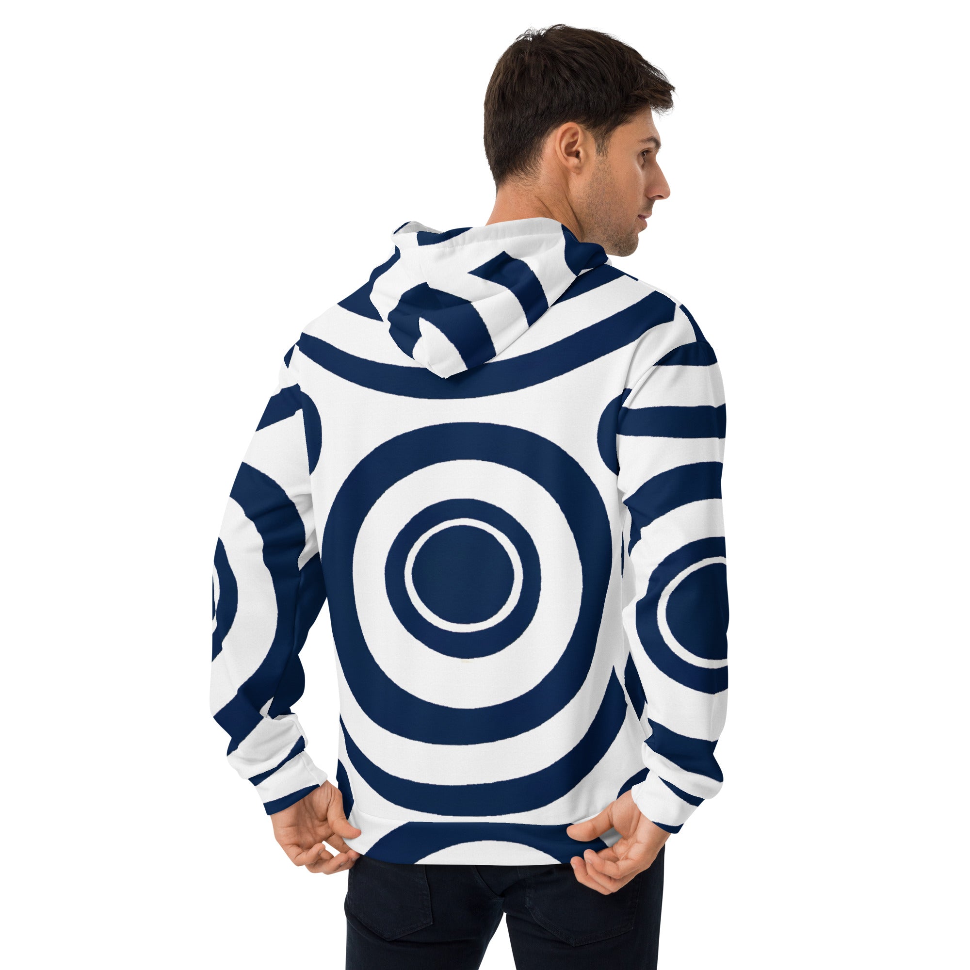 Men's navy blue graphic hoodie featuring a white circular pattern, showcasing a stylish and comfortable design with a double-lined hood.