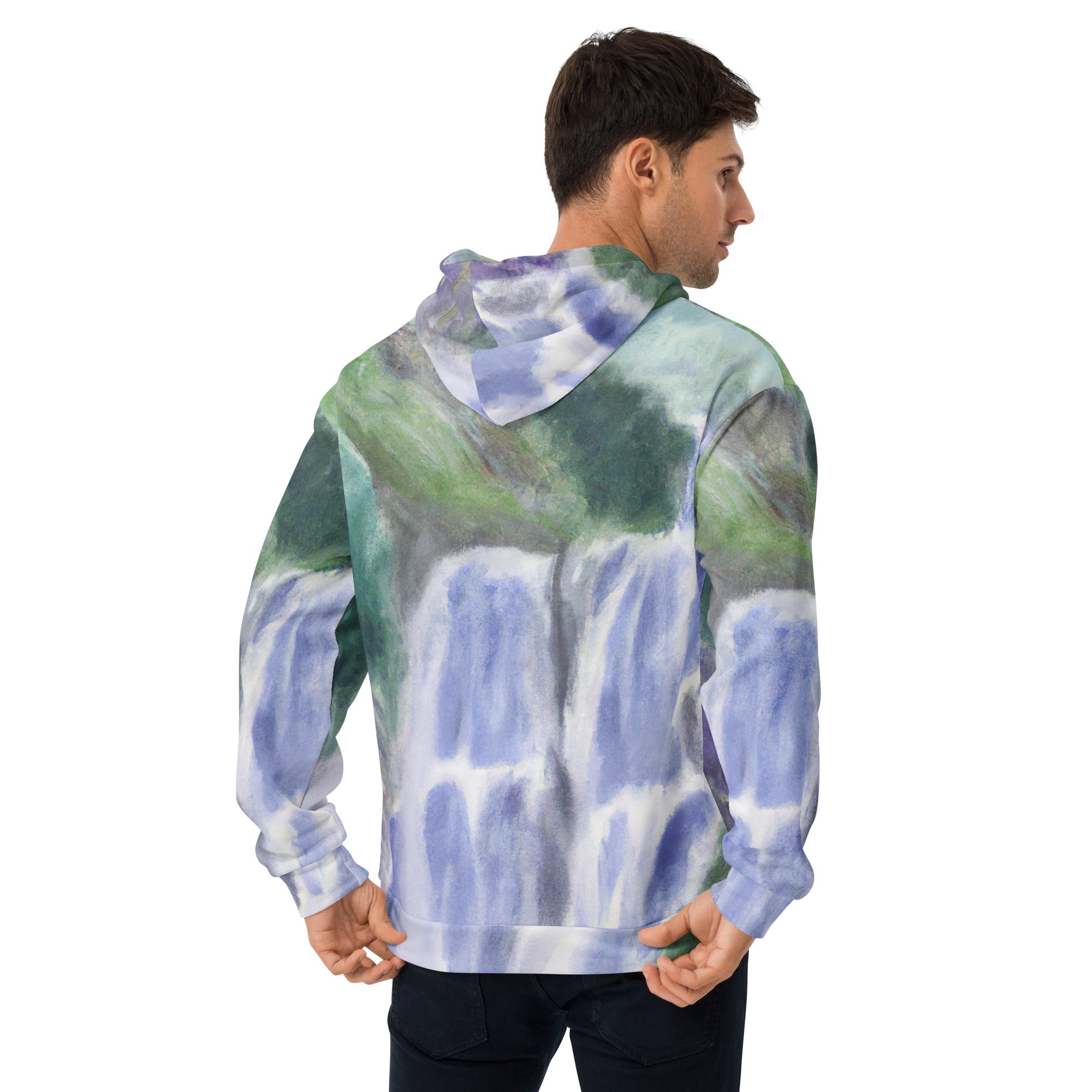 Men's Graphic Hoodie in purple watercolor waterfall design with green landscape, showcasing vibrant colors and unique style.