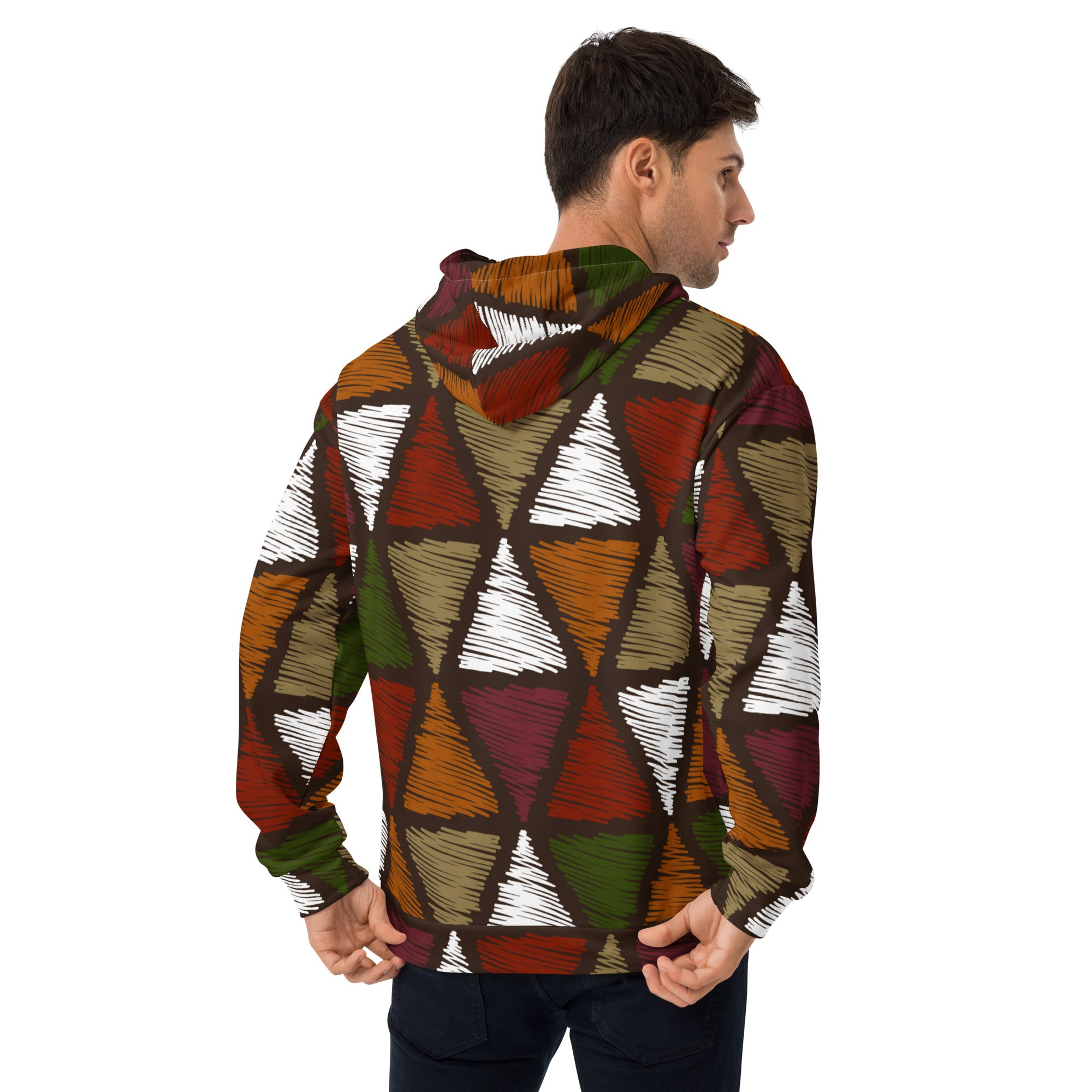 Mens Graphic Hoodie featuring red and green geometric lines, showcasing a vibrant tribal pattern and comfortable design.