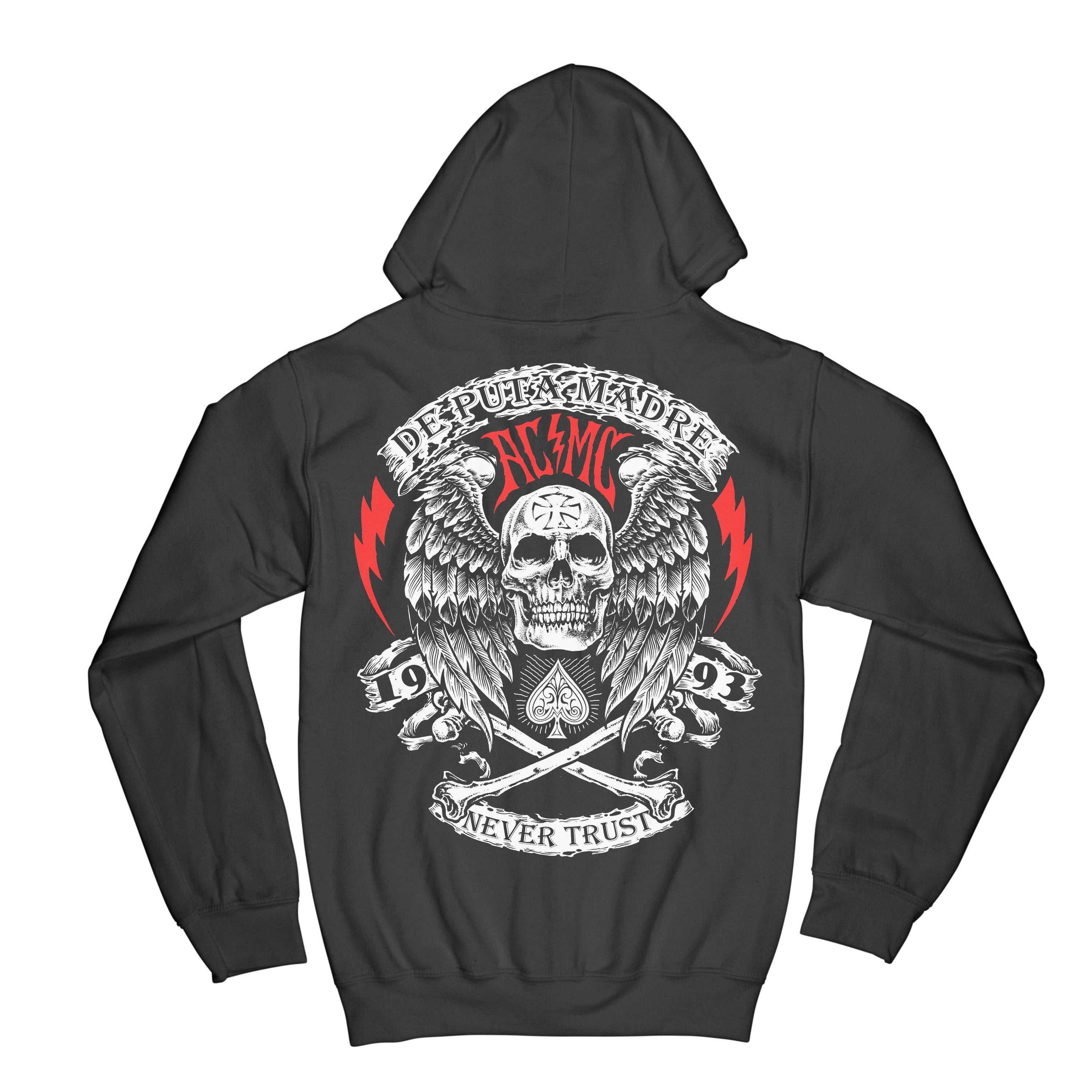 Men's zip hoodie with AC/MC design, featuring high-quality fabric and handmade prints, available in various colors and sizes.