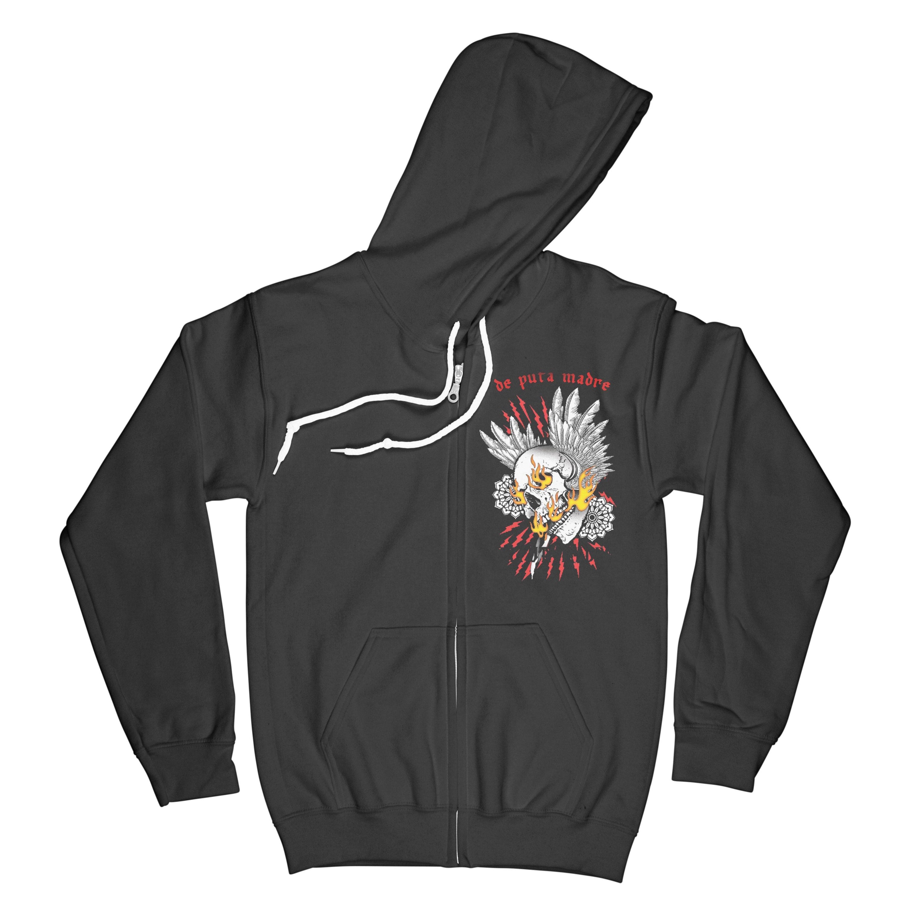 Men's zip hoodie with Apollyn design, featuring high-quality fabric and unique handmade prints, available in various colors and sizes.