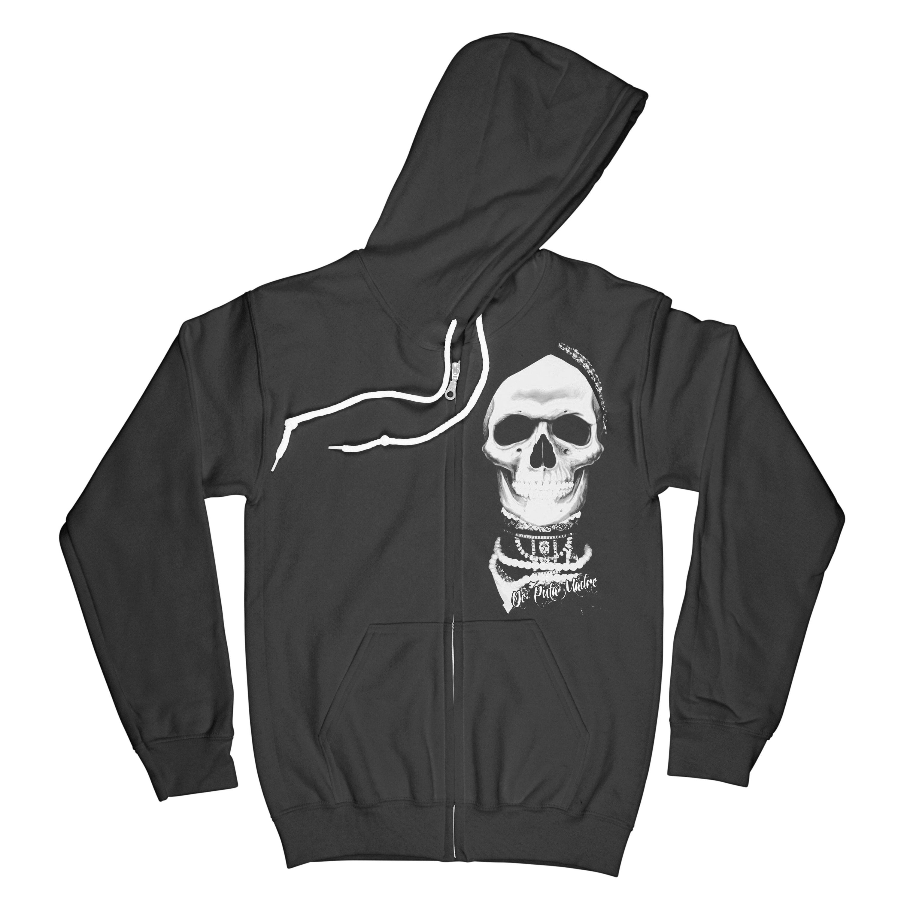 Men's zip hoodie featuring Santa Muerte design, showcasing high-quality prints and DPM69 logo, made in Italy.