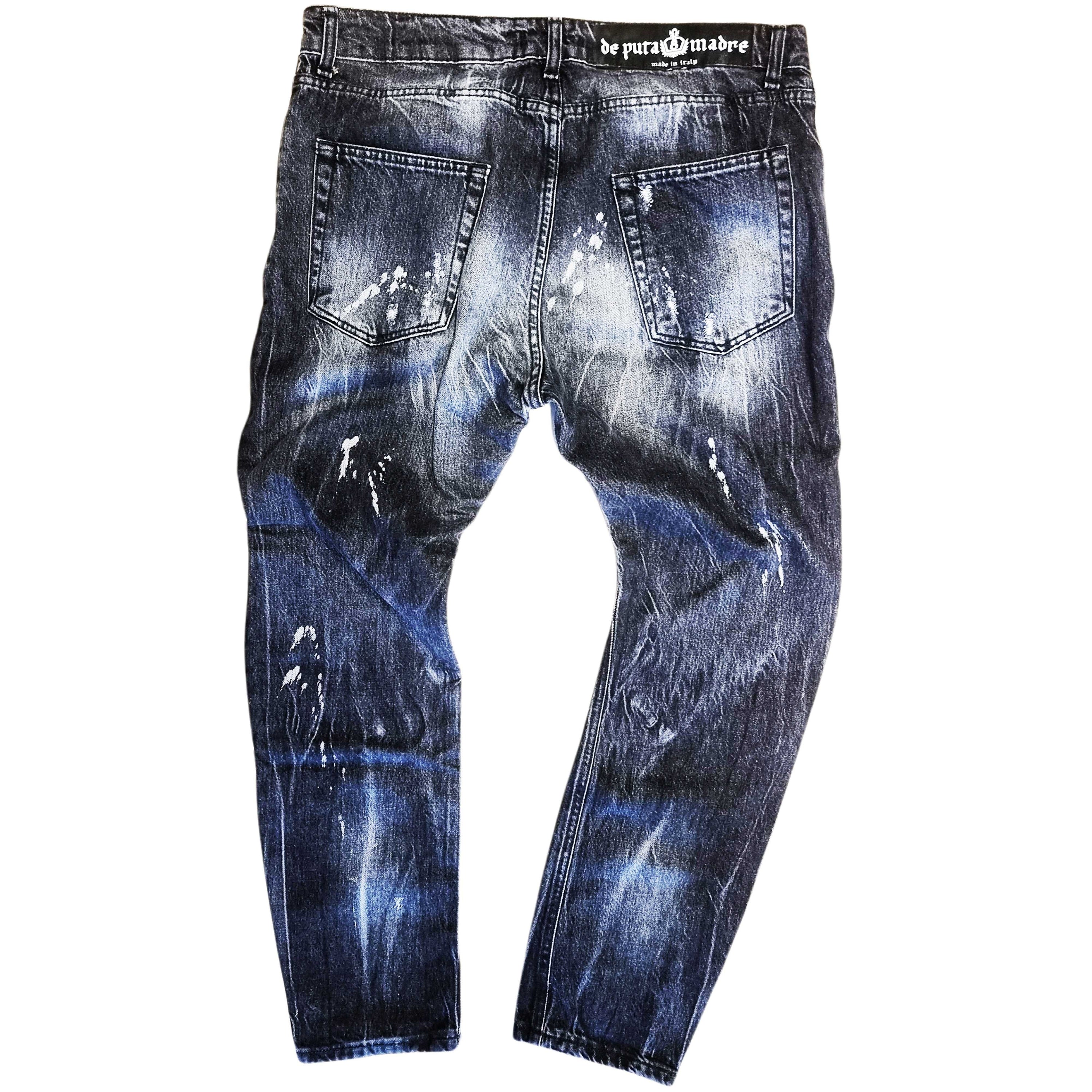 Men's Jeans Denim Vulcano featuring trendy handmade prints and high-quality denim, showcasing a stylish urban fashion look.