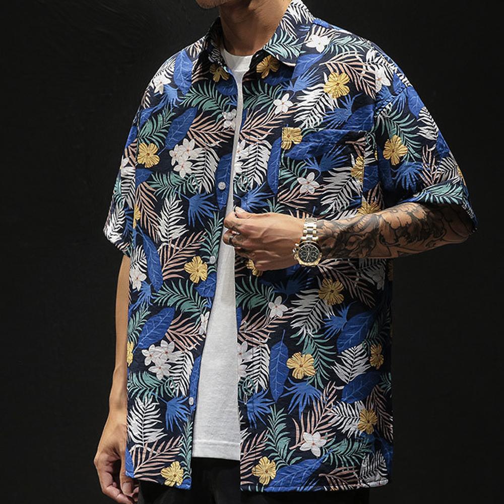 Men's Loose Fit Summer Hawaiian Shirt in blue with yellow floral pattern, showcasing a relaxed fit and lightweight fabric, ideal for summer wear.