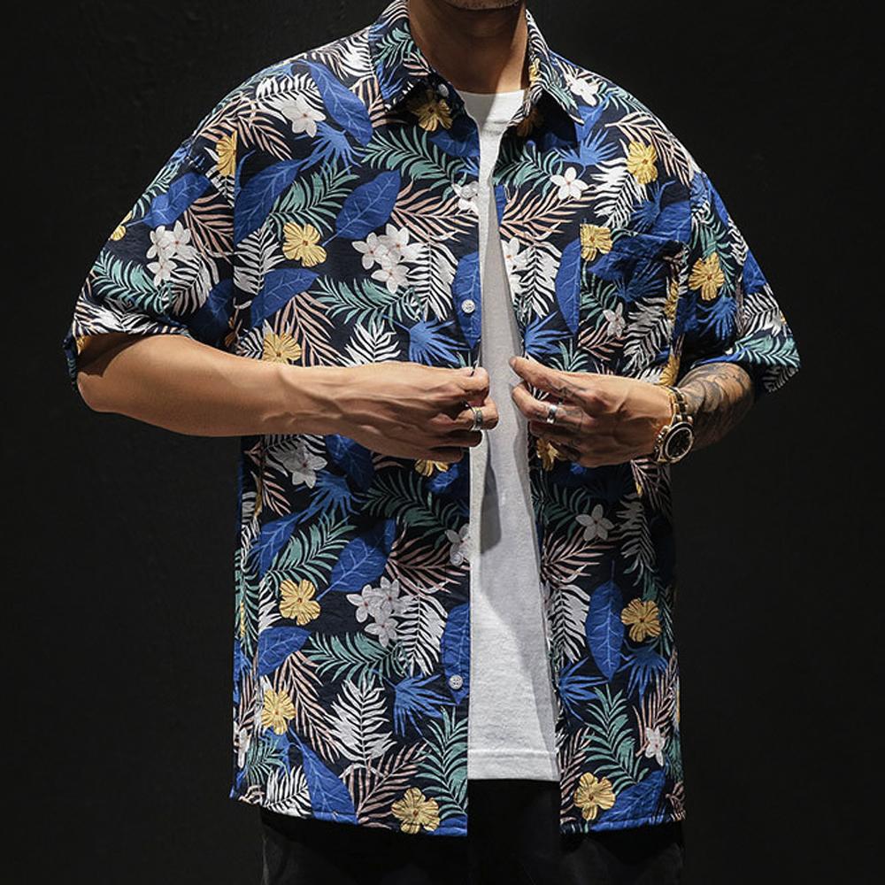 Men's Loose Fit Summer Hawaiian Shirt in blue with yellow floral pattern, showcasing a relaxed fit and lightweight fabric, ideal for summer wear.