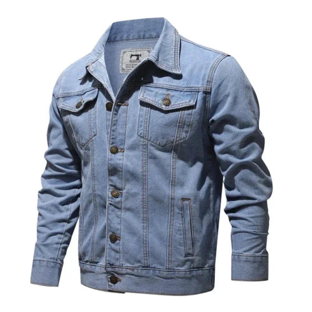 Men's Streetstyle Denim Jacket in light blue, featuring button-up closure and multiple pockets.