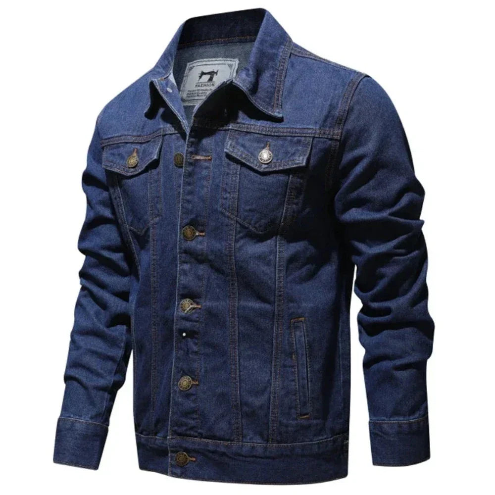 Men's Streetstyle Denim Jacket in light blue, featuring button-up closure and multiple pockets.