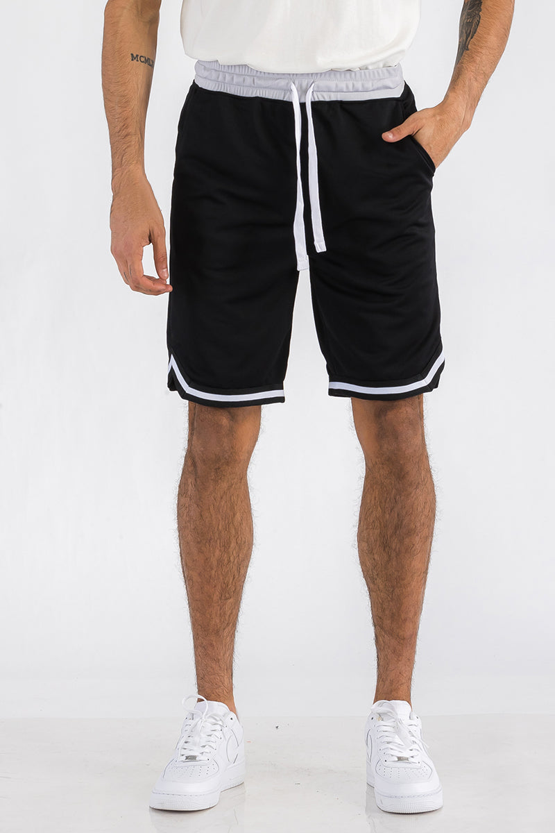 Mens Striped Basketball Active Jordan Shorts featuring elastic waist, drawstring, and zippered pockets in a stylish design.