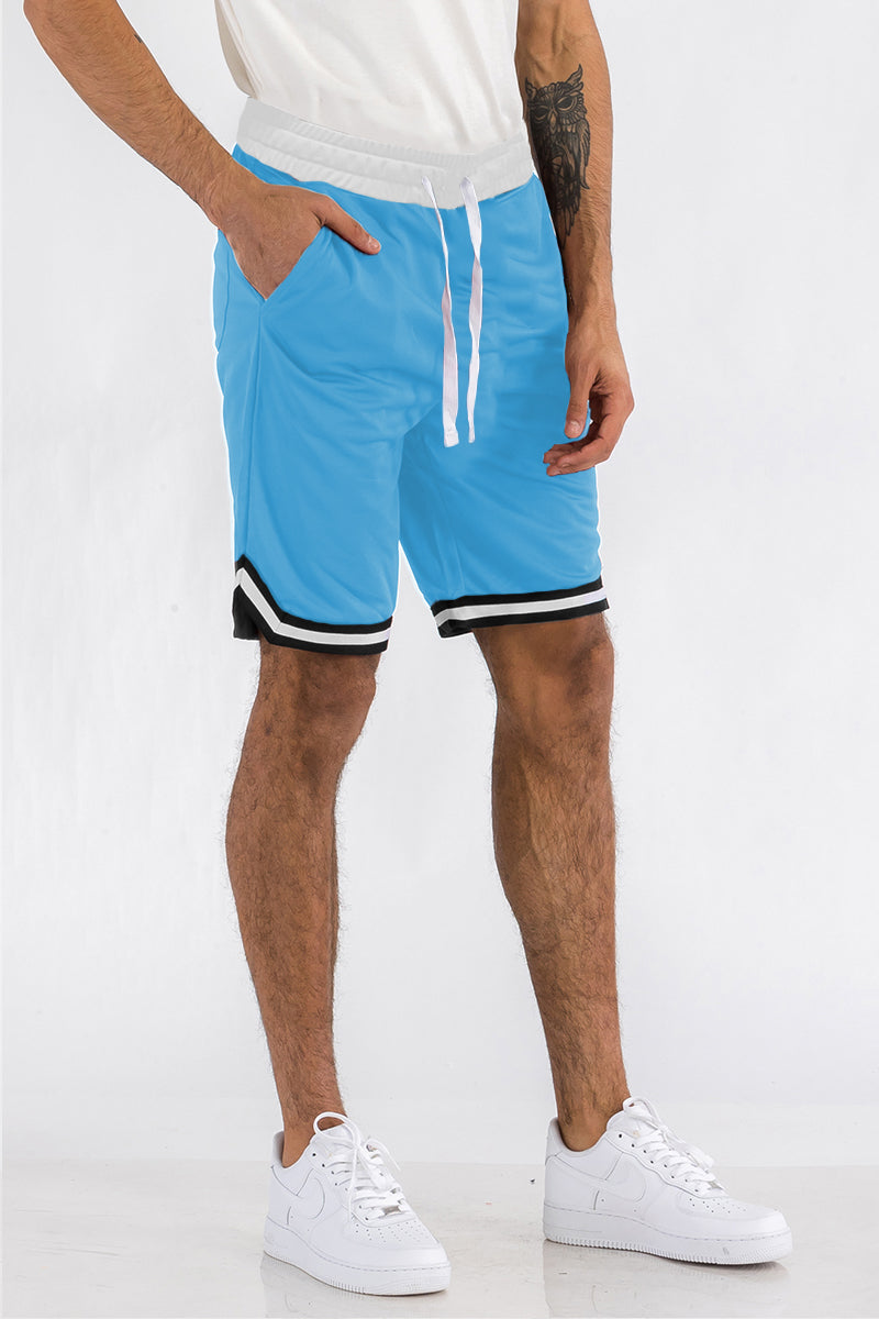 Mens Striped Basketball Active Jordan Shorts featuring elastic waist, drawstring, and zippered pockets in a stylish design.