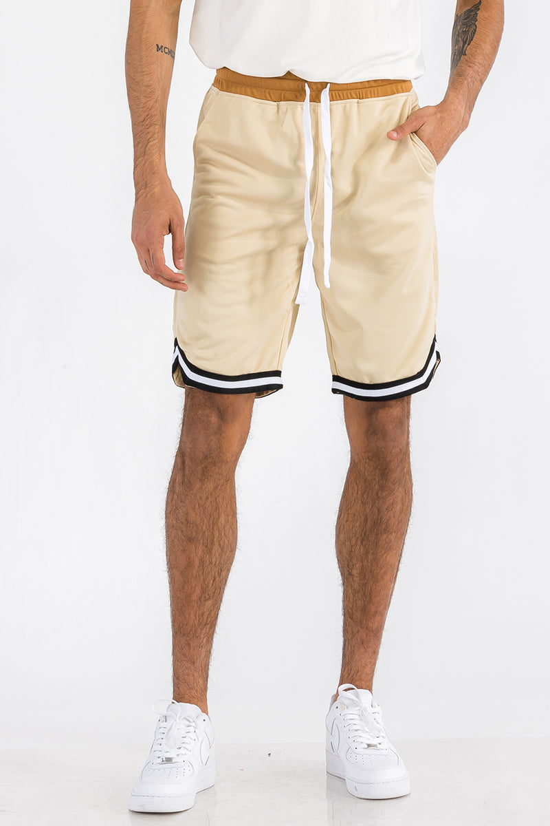 Mens Striped Basketball Active Jordan Shorts featuring elastic waist, drawstring, and zippered pockets in a stylish design.