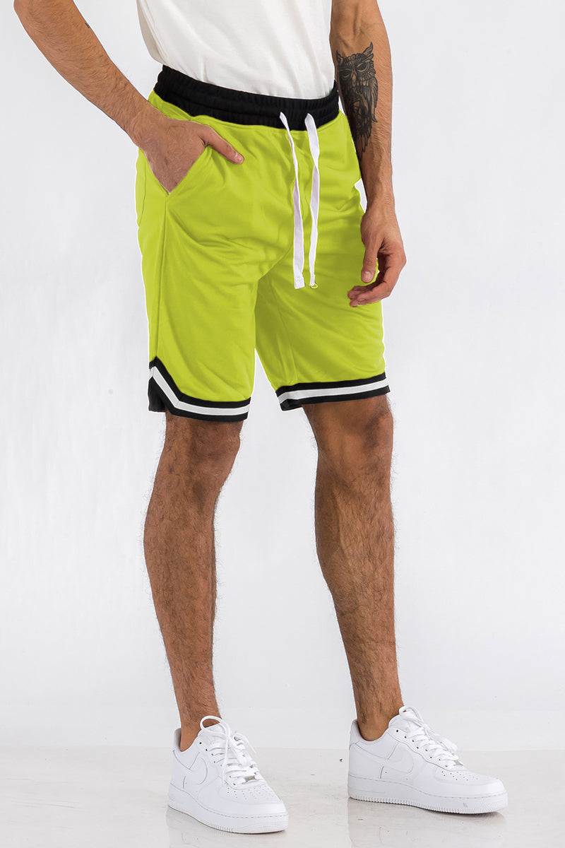 Mens Striped Basketball Active Jordan Shorts featuring elastic waist, drawstring, and zippered pockets in a stylish design.