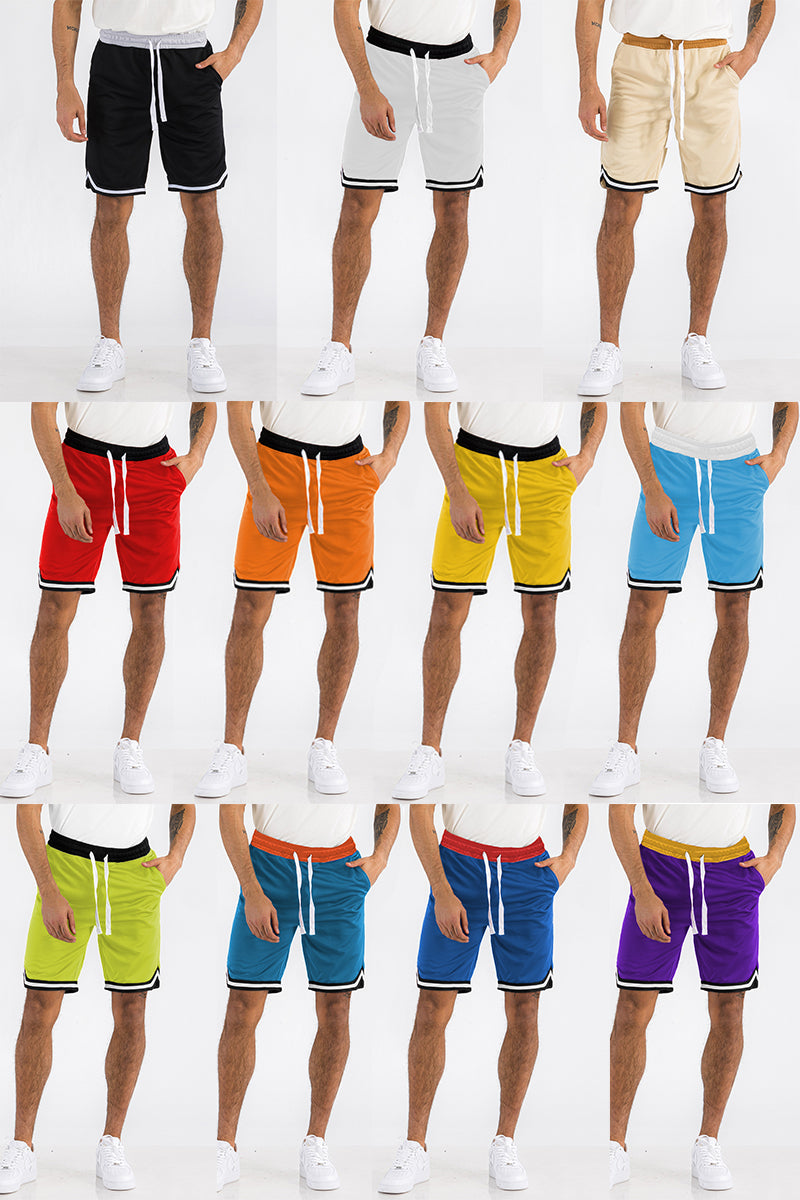 Mens Striped Basketball Active Jordan Shorts featuring elastic waist, drawstring, and zippered pockets in a stylish design.