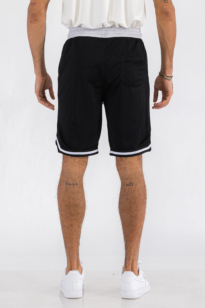 Mens Striped Basketball Active Jordan Shorts featuring elastic waist, drawstring, and zippered pockets in a stylish design.