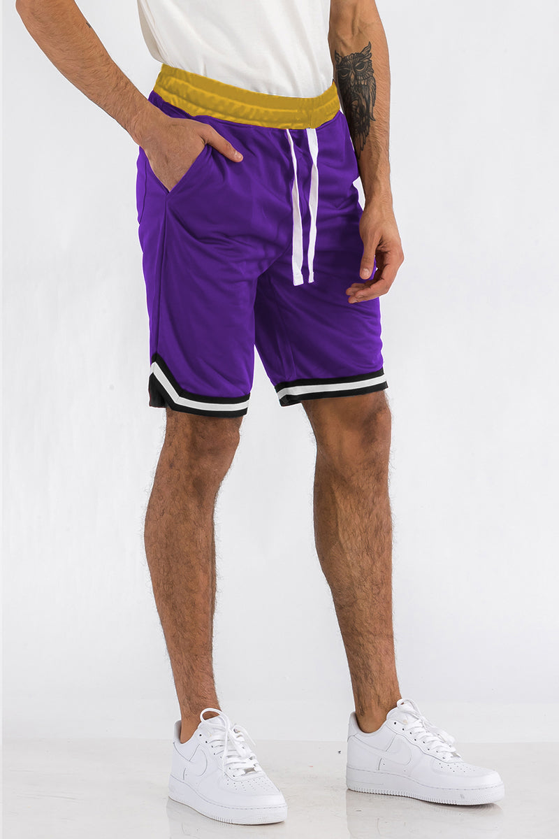 Mens Striped Basketball Active Jordan Shorts featuring elastic waist, drawstring, and zippered pockets in a stylish design.